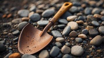 Rusty old shovel on rocky dirt ground with small stones scattered around. photo