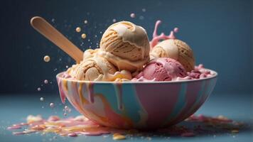 Scoops of creamy ice cream splashing into bowl. photo