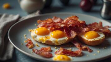 Scrambled eggs and juicy bacon for breakfast. photo