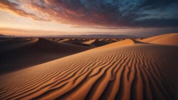 Serene Desert Landscape With Rippling Sand Dunes Under Dramatic Cloudy Sky at Dusk. photo