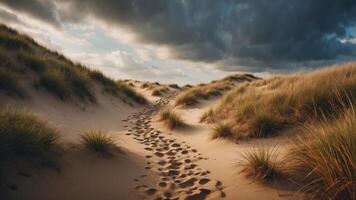 Serene sandy path through grassy dunes under cloudy sky. photo