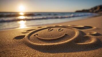 Smiley face drawn in sand on beach with sun and waves in background. photo