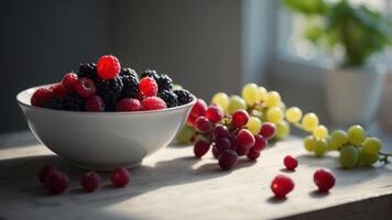 A bowl of berries as well as grapes is being on a white table. photo