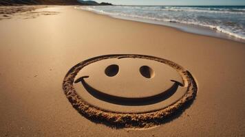 Smiley face drawn in sand on beach with sun and waves in background. photo