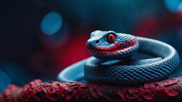 A snake is being shown in a neon blue as well as red color scheme. photo