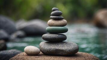 A stack of rocks with a green background. photo