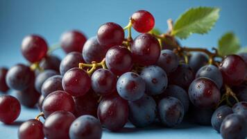 A bunch of red grapes on a blue background. photo