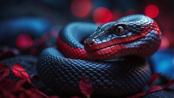 A snake is being shown in a neon blue as well as red color scheme. photo