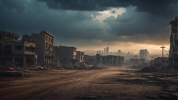 Desolate Cityscape of one Post Apocalyptic Metropolis Shrouded within Ominous Skies as well as Crumbling Ruins. photo