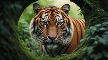Wild tiger peeking out of green wall hole nature as well as wildlife exploration adventure concept image. photo