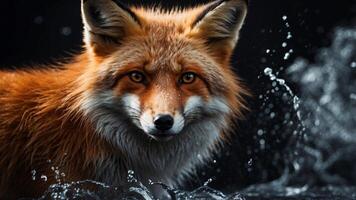 A fox is shown in a black background with a splash of water. photo