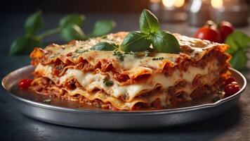 Deliciously baked lasagna with melted cheese and fresh basil in silver tray. photo