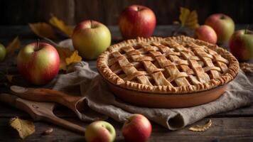 Freshly baked lattice apple pie with autumn leaves and apples on rustic wooden table. photo
