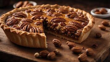 Delicious pecan pie upon wooden board surrounded by nuts. photo