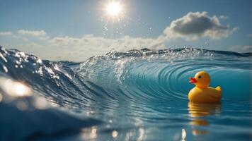 Sunny travel vibes yellow rubber duck on blue and white wave wall background. photo