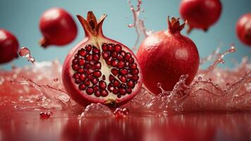 Pomegranate with splashing juice and scattered seeds over red background. photo