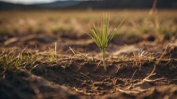 Symbol of resilience grass breaking through dry earth in a field. photo