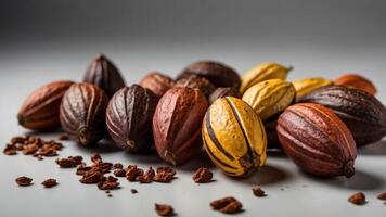Various cocoa pods arranged on white surface. photo