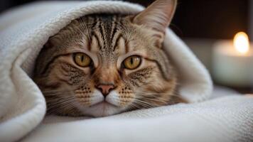 The cat is resting by resting its head on a towel on the massage table during a spa procedure. photo