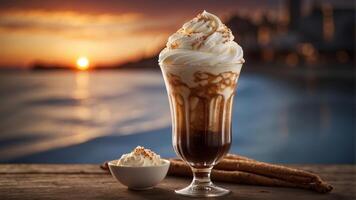 Tall glass of root beer float with vanilla ice cream. photo