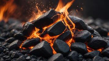 The image is of a pile of black rocks with a lot of fire and sparks. photo