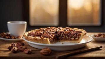 Freshly baked pecan pie within white dish atop wooden counter. photo