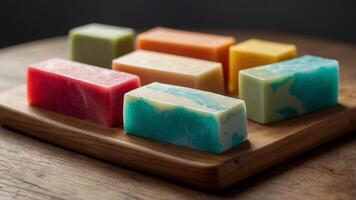 A row of colorful soaps sits on a wooden cutting board. photo