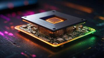 Futuristic Microchip with Neon Circuitry. photo
