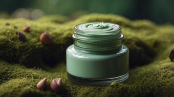 Cosmetic cream jar on green moss background flat lay with empty space. photo