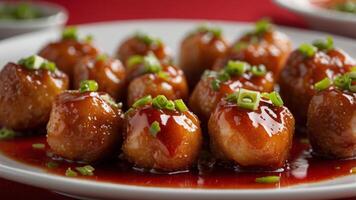 Glazed sweet and sour chicken bites topped with chopped green onions on white plate red background. photo