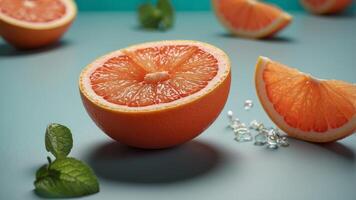 Wedge of grapefruit frit with with mint leaf cutout. photo