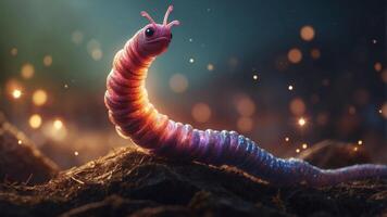 Digital artwork of glowing worm reaching towards bright light. photo