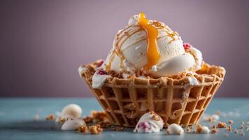 Delicious organic ice cream served in a crispy waffle cone for a fresh treat. photo