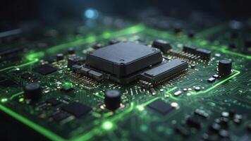 Futuristic digital circuit board with glowing green spots for security concept. photo