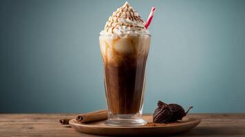 Tall glass of root beer float with vanilla ice cream. photo
