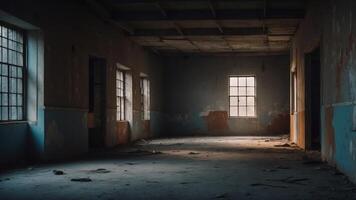 Haunting Shadows Linger in the Darkened Halls of a Mysterious Abandoned Structure. photo