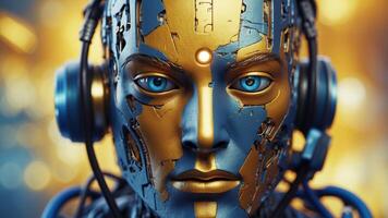 Blue futuristic robot head with visible circuits and electrifying light on yellow background. photo