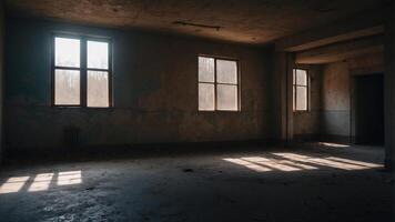 Haunting Shadows Linger in the Darkened Halls of a Mysterious Abandoned Structure. photo