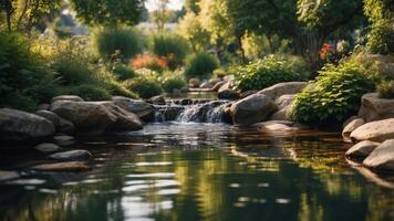 Summer day water garden with lush vegetation and flowing stream. photo