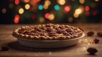 Beautifully decorated pecan pie with festive background lights. photo
