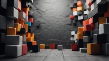 A black as well as white image of a wall made of blocks. photo