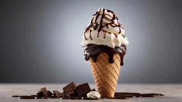 Ice cream cone featuring vanilla scoops as well as chocolate syrup. photo