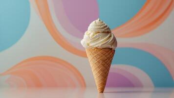Vanilla Ice Cream Cone on Swirled Background. photo