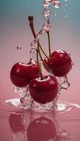 Cherries Splashing in Water with Pink Background. photo