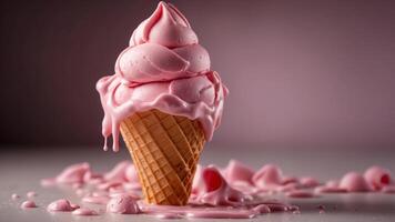 Melting pink ice cream in waffle cone on background. photo