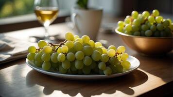 Bunch of green grapes in plate on the kitchen table in the bright morning light. photo