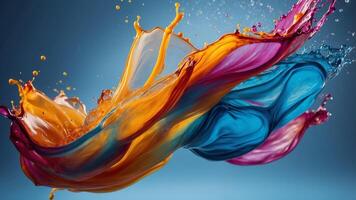 A colorful liquid is being splashed on a blue background. photo