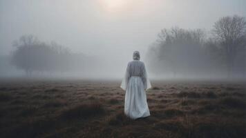 Mysterious Figure in White Robe Standing Alone in the Foggy Field Spiritual Journey in the Unknown World. photo