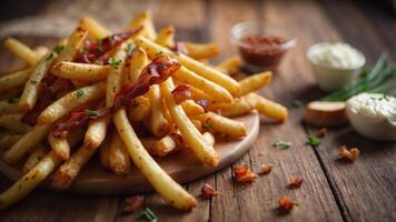 Cheese fries with bacon bits and chives on wooden surface. photo