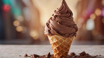 Chocolate ice cream served in a waffle cone on artisanal paper. photo